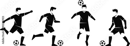 Soccer player silhouette, kicking ball, dribbling motion, heading pose, football action, sports training, athlete movement, team game, black white illustration