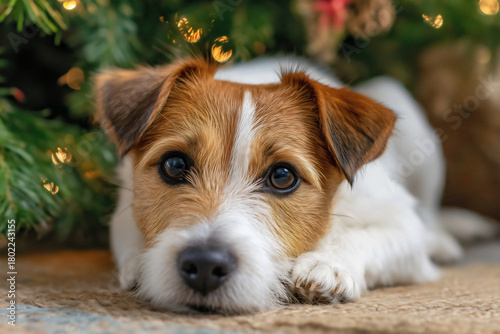 Jack Russell terrier dog with soulful eyes lying relaxed under a decorated christmas tree on a woven mat in a cozy festive home.