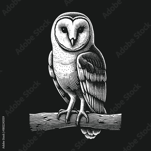 Detailed Owl Perched on Branch Illustration in Monochrome.