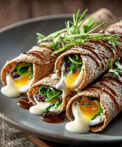 Savory french buckwheat Brittany crepe, galette bretonne filled with fried egg melted cheese and wilted spinach on a dark rustic wooden table.