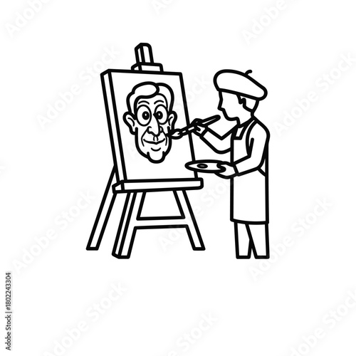 Outline illustration of an artist painting a male portrait on an easel, symbolizing art services and creative process.