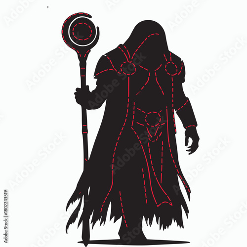Black silhouette of a powerful fantasy mage in a hooded cloak holding a magical staff with red stitching details.