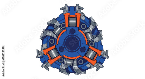 A close-up of a blue and orange rotary cutter head with sharp teeth, designed for industrial cutting and grinding applications, isolated on white.