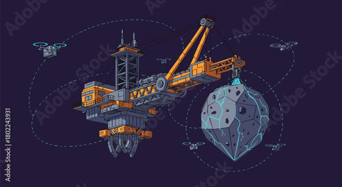 A futuristic space mining platform with drones extracting resources from an asteroid, showcasing a blend of industrial technology and cosmic exploration.