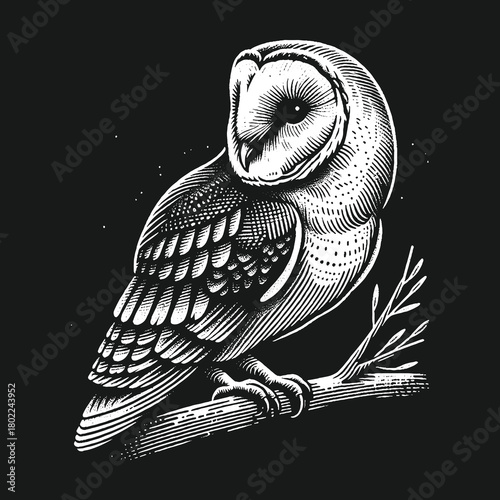 Detailed Barn Owl Perched on Branch in Monochrome Illustration.