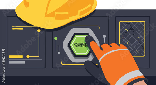 A worker in safety gloves and a hard hat presses a button labeled 'Operational Excellence' on a dark gray control panel with other diagrams.