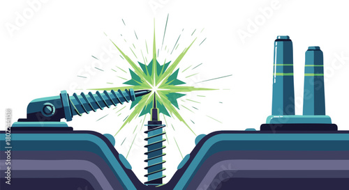 An illustration shows a drill penetrating the earth near a factory, symbolizing concepts like geothermal energy, resource extraction, or environmental impact.