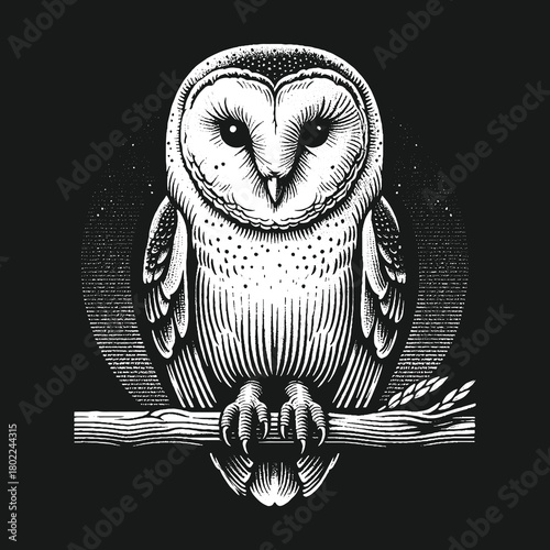 Detailed Owl Illustration Perched on Branch Against Black Background.