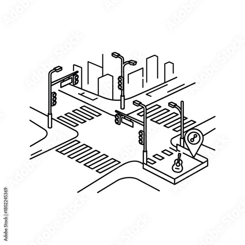 Isometric line art urban intersection with traffic lights, crosswalks, buildings, and a location pin with a guitar