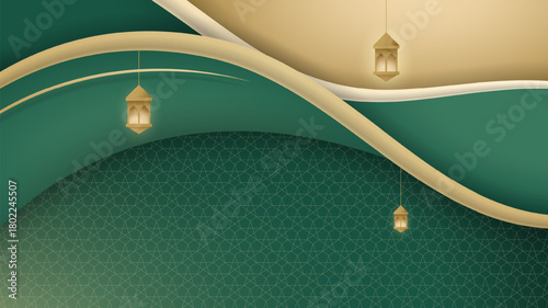 Islamic green and gold background with lantern in abstract style design. Luxury islamic background