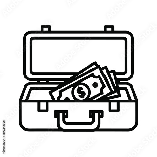 Open briefcase filled with dollar bills, symbolizing wealth, business, finance, investment, and success line icon