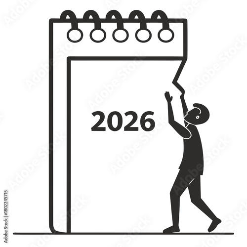Illustration of a man tearing off a page from a 2026 calendar, symbolizing the passage of time and the anticipation of the upcoming year isolated on