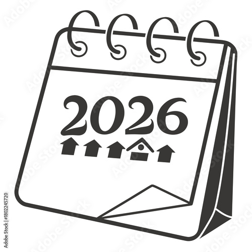 Illustration of a 2026 calendar with house icons, representing the real estate market and the anticipation of homeownership opportunities in the coming year isolated on