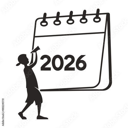 Illustration of a boy tearing off a page from a 2026 calendar, symbolizing the passage of time and the anticipation of the upcoming year isolated on