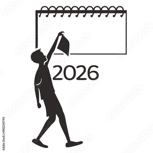 A calendar icon with the year 2026, featuring a man holding a document, symbolizing new projects and achievements planned for the upcoming year isolated on
