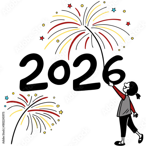A cheerful illustration of a child holding a firework next to the year 2026, isolated on, symbolizing celebration, achievement, and the class of 2026