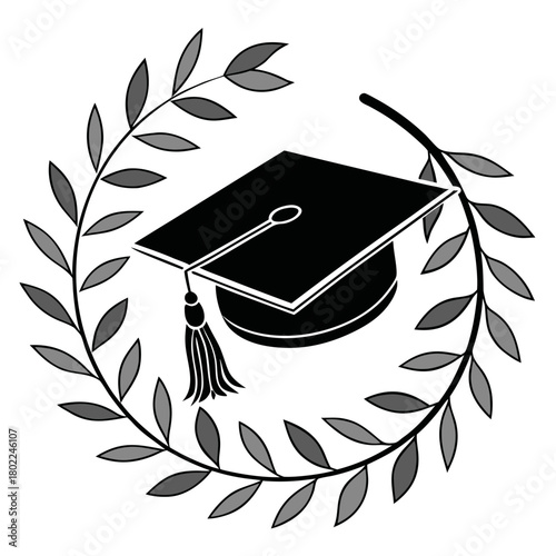 A graduation cap encircled by a laurel wreath, representing academic success and achievement, isolated on a classic symbol of scholarly accomplishment