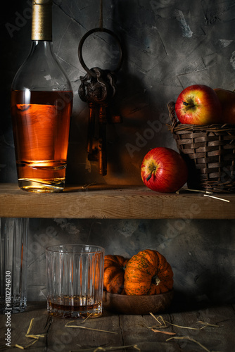 Apples, small pumpkins and a bottle of cognac on a shelf in an old pantry