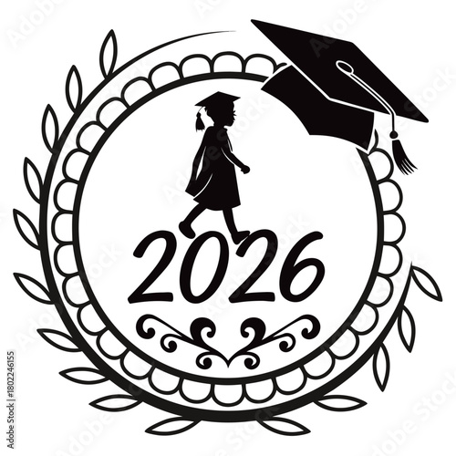 A charming 2026 graduation emblem featuring a child silhouette walking towards the future, framed by a decorative wreath and a graduation cap, symbolizing growth and achievement