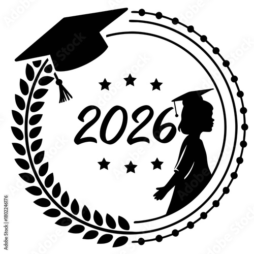 A symbolic 2026 graduation emblem showcasing a childs silhouette and graduation cap within a starstudded wreath, representing academic achievement and future aspirations