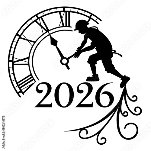 Steampunk time traveler adjusting the clock to the year 2026 isolated on a creative concept of manipulating time and shaping the future