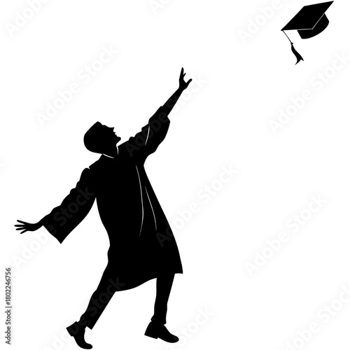Silhouette of a graduate throwing his cap in the air isolated on, celebrating graduation day and the end of his academic journey