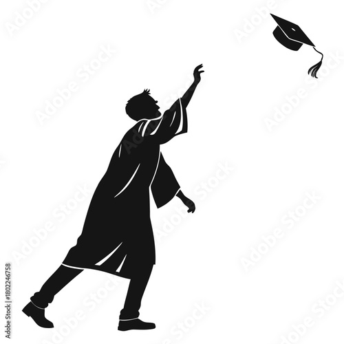 Silhouette of a graduate throwing a cap in the air, symbolizing the end of studies and the beginning of a new chapter, isolated on
