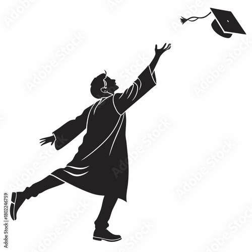 Silhouette of a graduate throwing his cap in the air isolated on, celebrating graduation day and the end of his academic journey