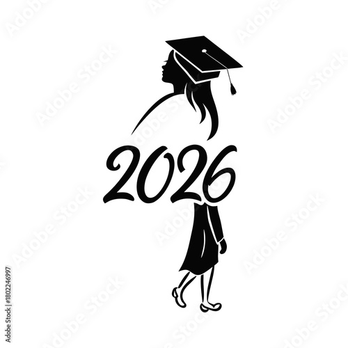 A minimalist graduation design for the class of 2026 featuring a graduate girl with a cap and gown isolated on