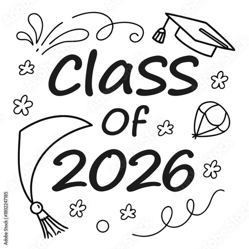 Class of 2026 graduation design isolated on, featuring graduation caps, flowers, and decorative elements, perfect for celebrating academic achievements