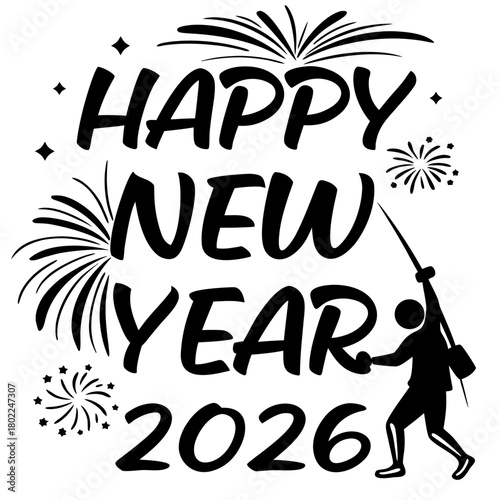 Festive happy new year 2026 design featuring a silhouette of a person lighting fireworks, with fireworks and stars, isolated on