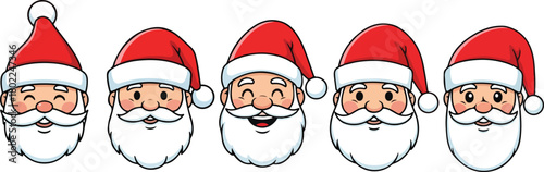 Five cartoon faces of Santa Claus with red hats and white beards, each showing different expressions such as winking, smiling, and happy expressions.