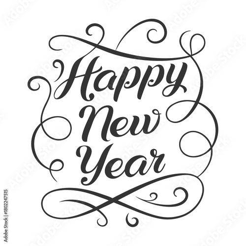 Happy new year lettering isolated on festive inscription with swirls and curls calligraphic text for holiday greeting card, banner, poster, or invitation