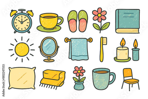 Home, cozy flat icon set. Interior, comfort-themed flat icons collection for easy living