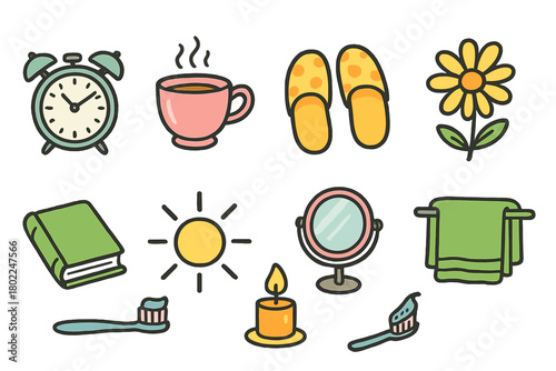 Morning routine icon set in outline style. Coffee, clock, sunshine outline icons collection