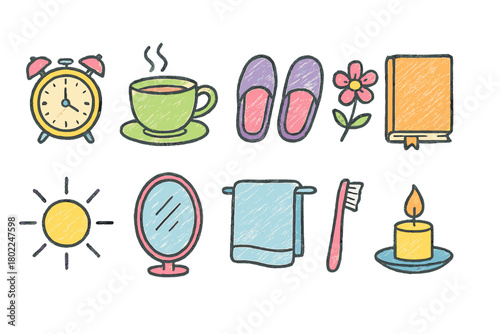 Daily routine, morning flat icon set. Cute, colorful, personal care and wellness icons