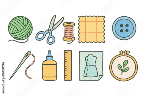 Craft sewing outline icon set. Needlework, stitching tools outline design icons