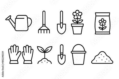 Gardening tools outline icon set. Tools, plants, and flowers outline vector symbols