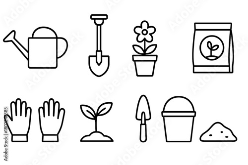 Gardening linear icon set: plant care, tools and nature icons collection
