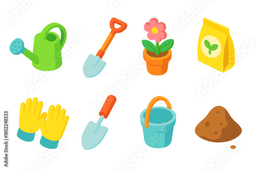 Gardening tools 3d icon set. Includes shovel, watering can, plant collection
