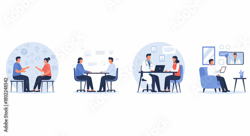 Four scenes of people in conversation or consultation, isolated on