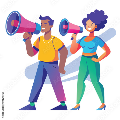Vibrant vector illustration showcasing two diverse individuals engaged in a positive interaction against a clean backdrop