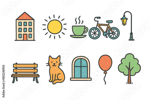 Everyday life flat icon set. House, sun, coffee, bike, cat, window, and more.