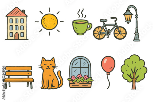 Home and leisure outline icon set. House, sun, coffee, bicycle, nature collection