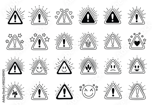 Alert Triangle Symbols Doodle Style with Exclamation Point Sign Icon Set on White