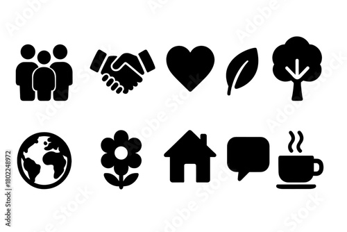 Silhouette social and environmental icon set for communication and nature themes