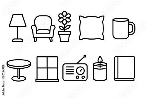 Household essentials outline icon set. Furniture, decor, daily use line icons collection.