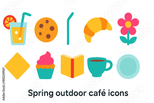 Cafe, spring outdoor icon set. Colorful flat collection for cafes and restaurants