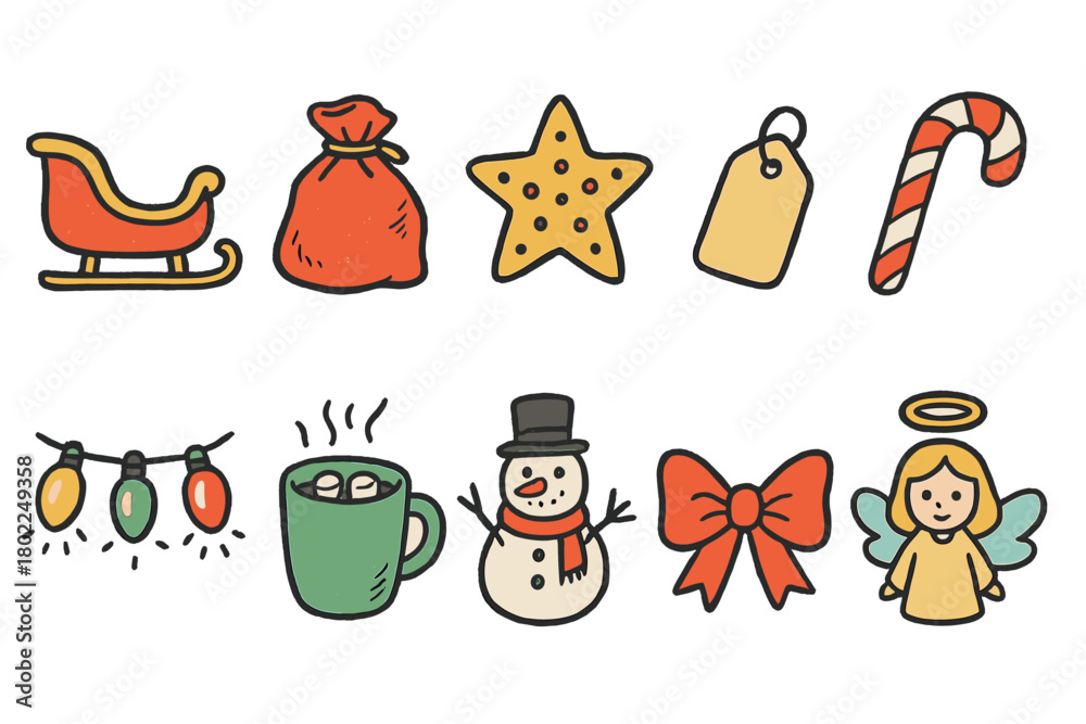 Obraz premium Christmas festive doodle icon set. Holiday, winter, christmas flat outline icons.