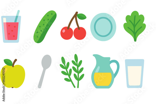 Food and drink flat icon set. Fruit, vegetable essentials flat collection.